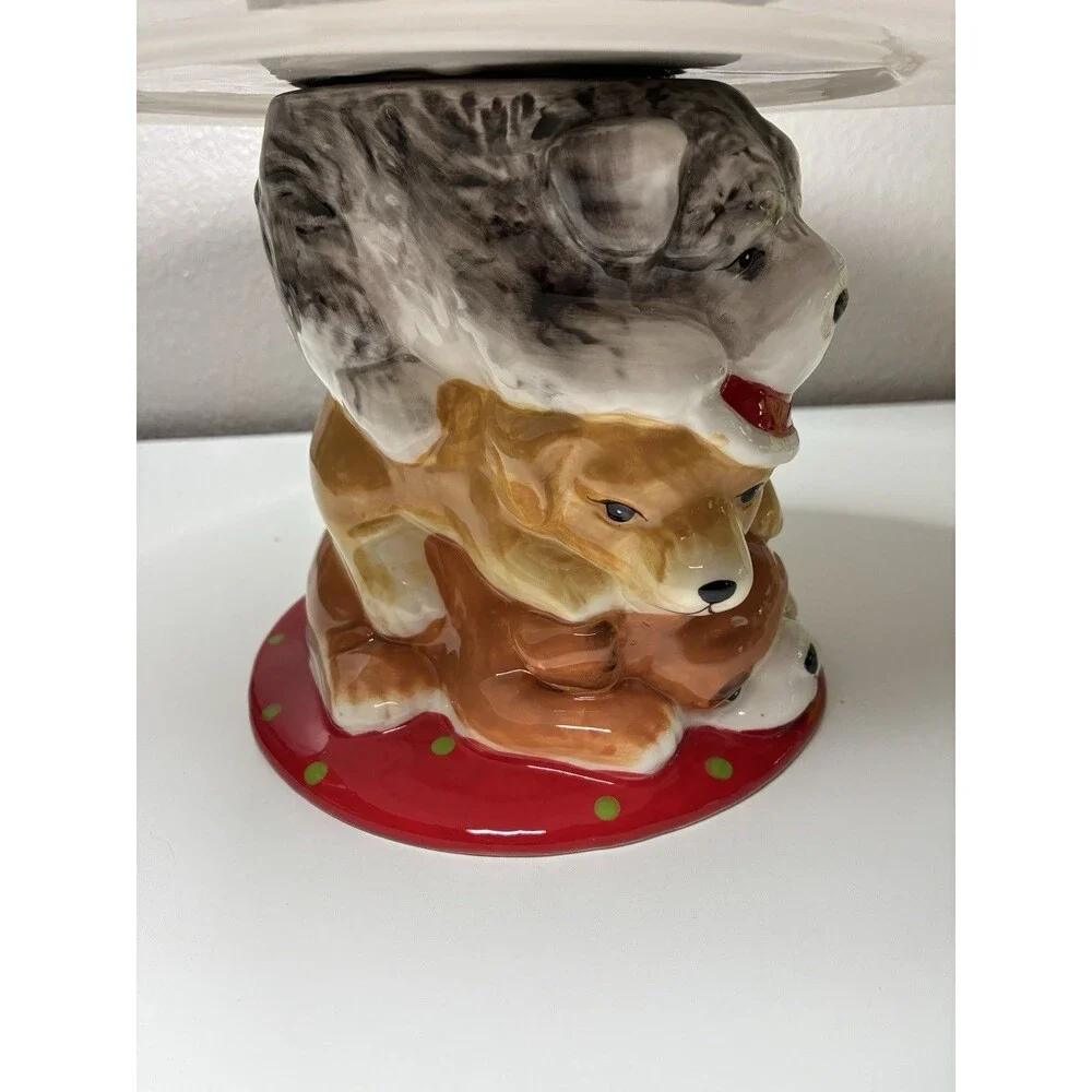 PIER 1 CAKE PLATE STACKED DOGS CHRISTMAS Park Ave. Puppies -Retired
